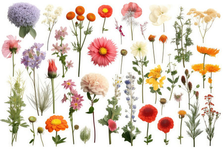 collection of various flowers on white background. each one is shot separatelyの素材