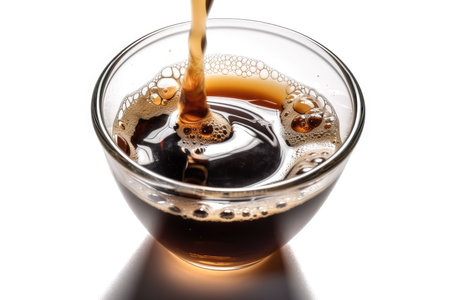Pouring coffee into a glass cup on a white background. Isolatedの素材