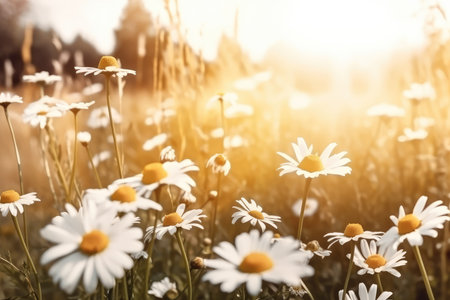 Beautiful daisy flowers in the meadow at sunset. Nature backgroundの素材