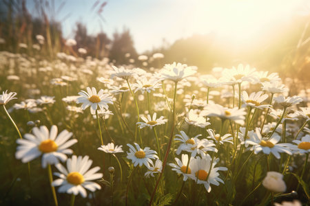 white daisies on a meadow in the rays of the setting sunの素材