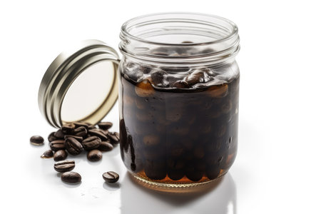 coffee beans in a glass jar isolated on a white background.の素材