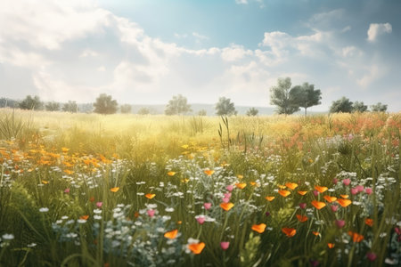 Beautiful spring meadow with poppies and other wildflowersの素材