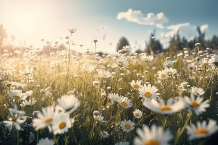 Field of daisies at sunset. Beautiful summer meadow.の素材