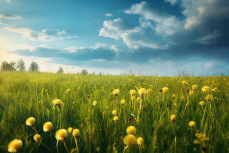 Beautiful spring landscape with dandelions and blue sky with cloudsの素材