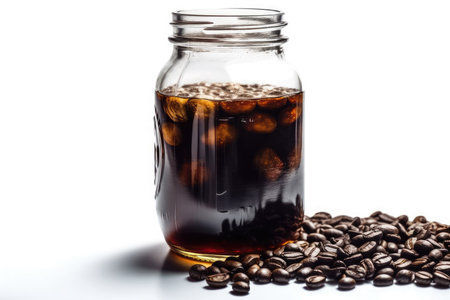 Coffee beans in a glass jar on a white background.の素材
