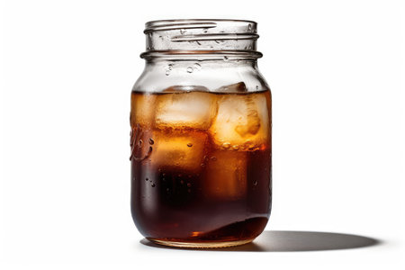 Glass jar of cola with ice cubes isolated on white background.の素材