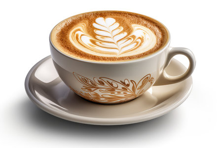 Cup of cappuccino with latte art on white backgroundの素材