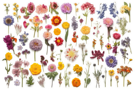 Flower collection on white background. Flat lay, top view.の素材