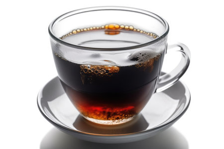 Cup of black tea with bubbles isolated on a white background.の素材