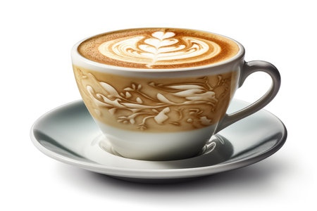 Cup of cappuccino with latte art on white backgroundの素材