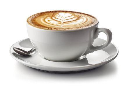 Cup of cappuccino with latte art on white backgroundの素材