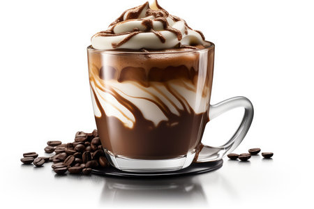 Hot chocolate with whipped cream and coffee beans on a white background.の素材