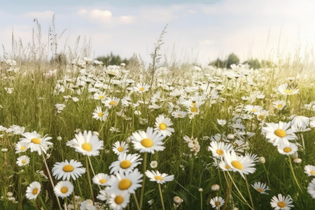 Field of daisies at sunset. Summer landscape with flowers.の素材