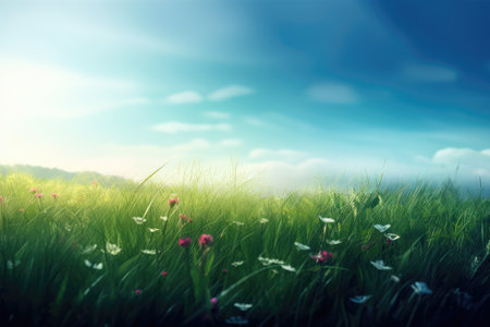 Green meadow with flowers on blue sky background. Nature composition.の素材