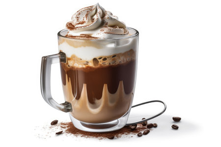 Cup of coffee with whipped cream and coffee beans on white backgroundの素材