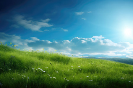 Green meadow and blue sky with clouds. Nature background. Summer landscape.の素材