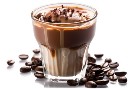 Coffee latte in a glass with coffee beans on white backgroundの素材