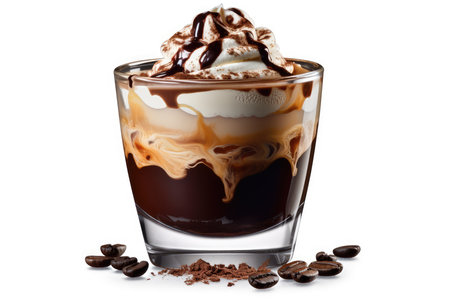 Coffee cocktail with whipped cream and coffee beans isolated on white backgroundの素材