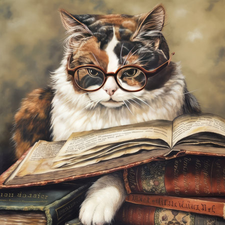 Portrait of a beautiful cat wearing glasses and reading a book.の素材