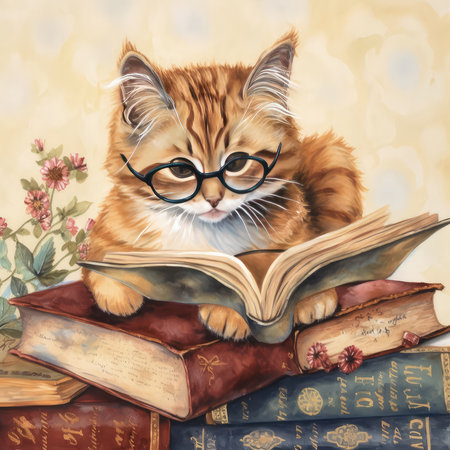 Cute ginger kitten with glasses and books. Watercolor illustration.の素材