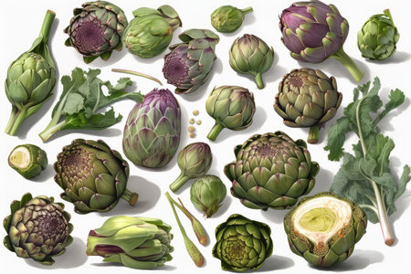 Set of fresh artichokes isolated on white background. Top view.の素材