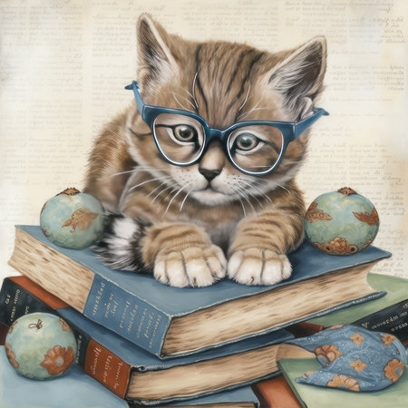 Cute little kitten with glasses and books on the old book background.の素材