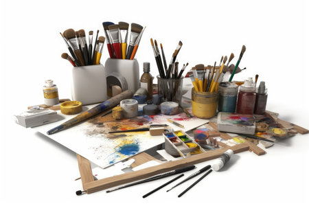 Paint brushes and paints on a white background. 3d renderingの素材