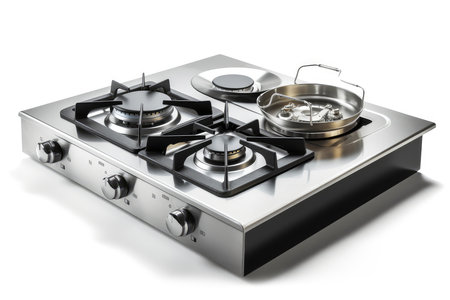 Stainless steel gas stove isolated on white background. 3D illustration.の素材