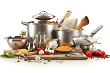 Composition with cooking utensils, spices and vegetables on white backgroundの素材
