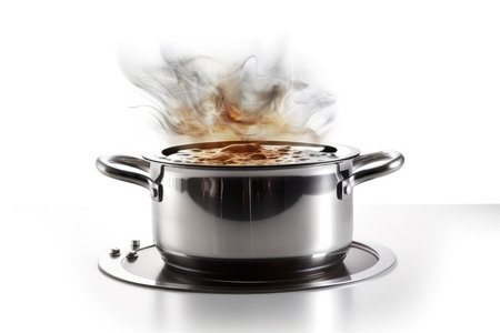 Coffee in a pot with steam on a white background.の素材