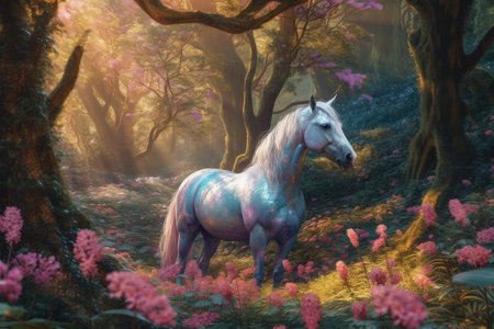Horse in the forest with pink flowers. Digital painting effect.の素材