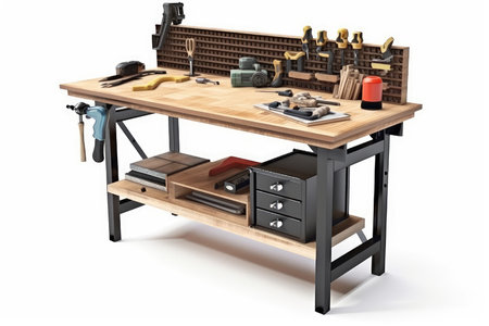 3d rendering of a woodwork table with tools on white backgroundの素材