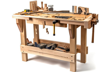 Wooden workbench with tools on a white background. Isolatedの素材