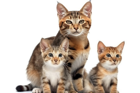 group of three bengal kittens in front of a white backgroundの素材