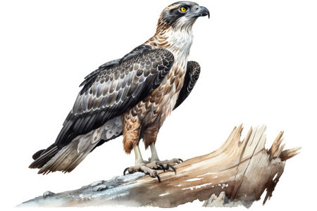 Watercolor illustration of an eagle sitting on a log isolated on white backgroundの素材