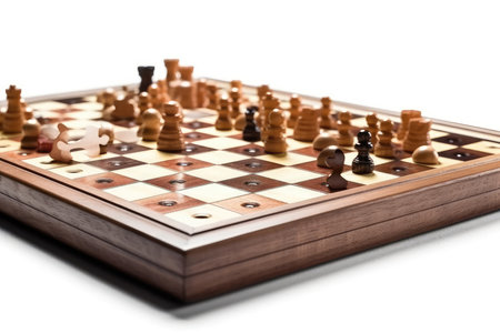 Wooden chessboard with chess pieces isolated on a white background.の素材