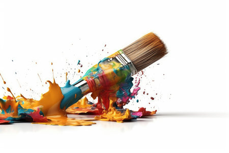 Paint brush and colorful paint splashes isolated on a white backgroundの素材