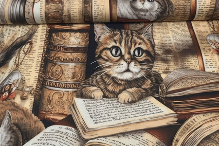 Cute cat and old books on the table. Vintage style.の素材