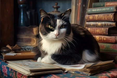 A black and white cat is lying on a stack of books.の素材