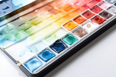 Watercolor paints in a box on a white background close-upの素材