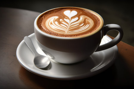 Coffee cup with latte art on wooden table in coffee shopの素材