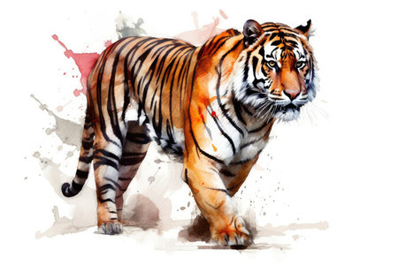 Watercolor illustration of a tiger on a white background. Side view.の素材