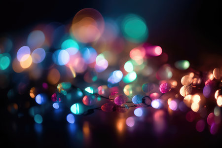 Colorful bokeh lights on dark background. Festive decoration.の素材