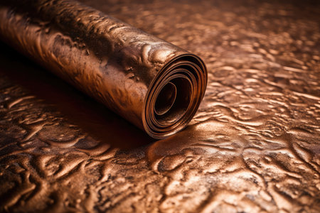 Roll of brown leather on a brown background. Selective focus.の素材