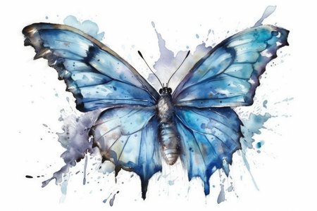 Blue butterfly with watercolor splashes. Hand drawn illustration isolated on white backgroundの素材