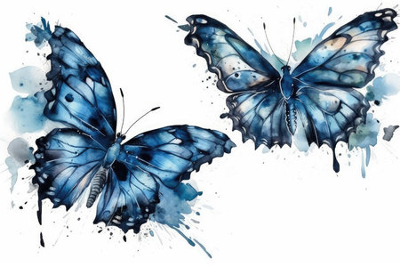 Blue watercolor butterflies, isolated on white background. Hand drawn illustrationの素材