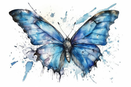 Blue butterfly isolated on white background. Hand drawn watercolor illustration.の素材