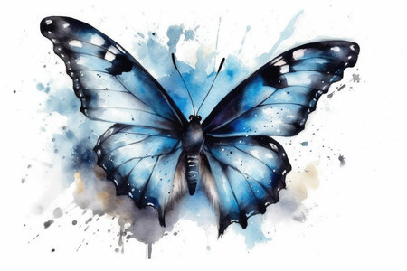 Watercolor butterfly on watercolor splash background. Hand drawn illustration.の素材
