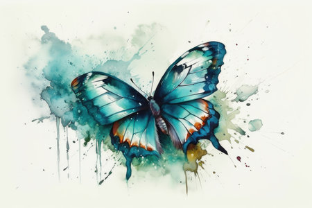 Watercolor painting of butterfly on watercolor splash background. Digital art painting.の素材