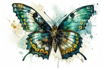 Watercolor painting of butterfly on watercolor splash background. Hand drawn illustration.の素材